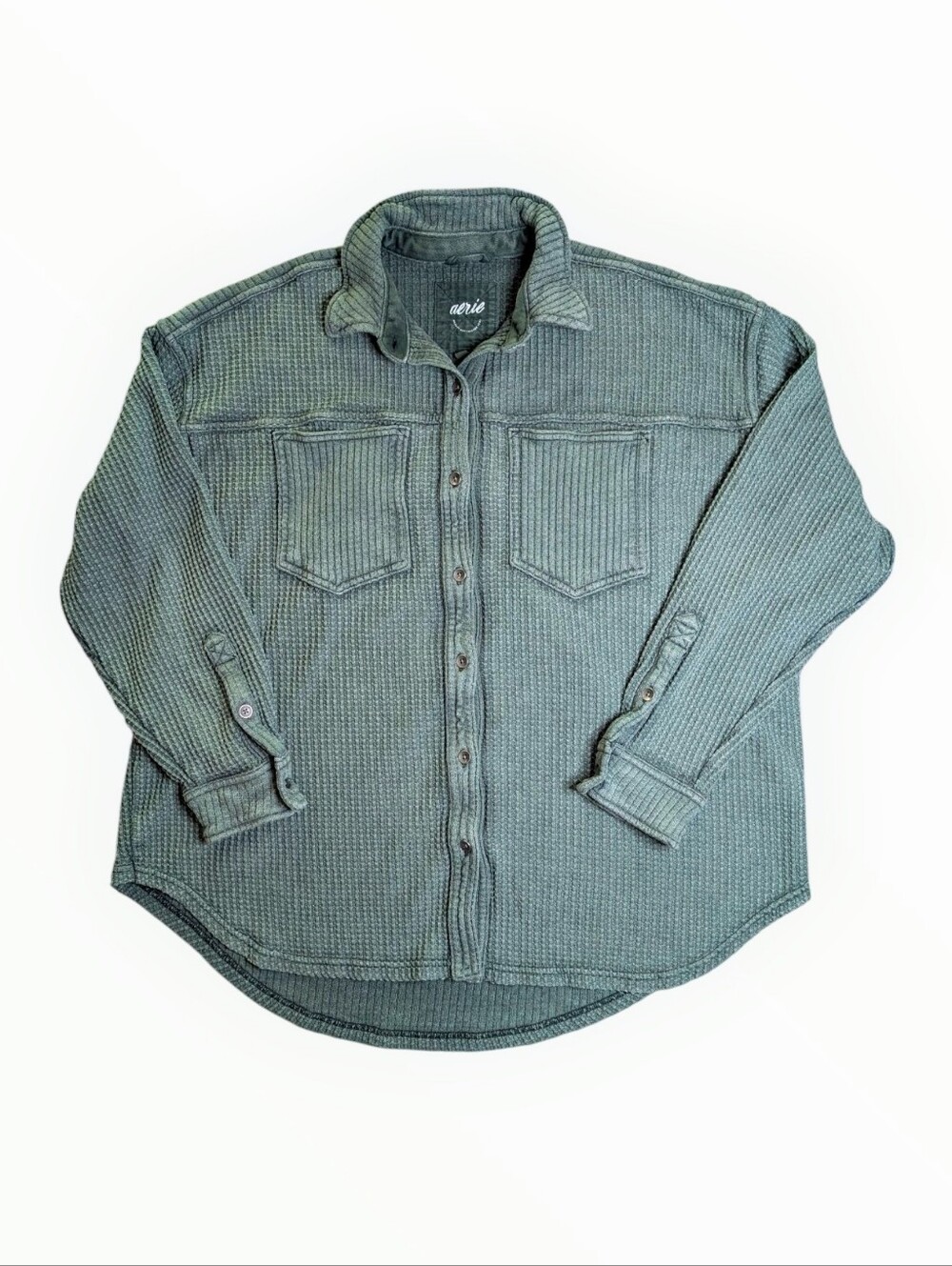 Aerie Lumber Jane Waffle Knit Button Front Shirt Green Small